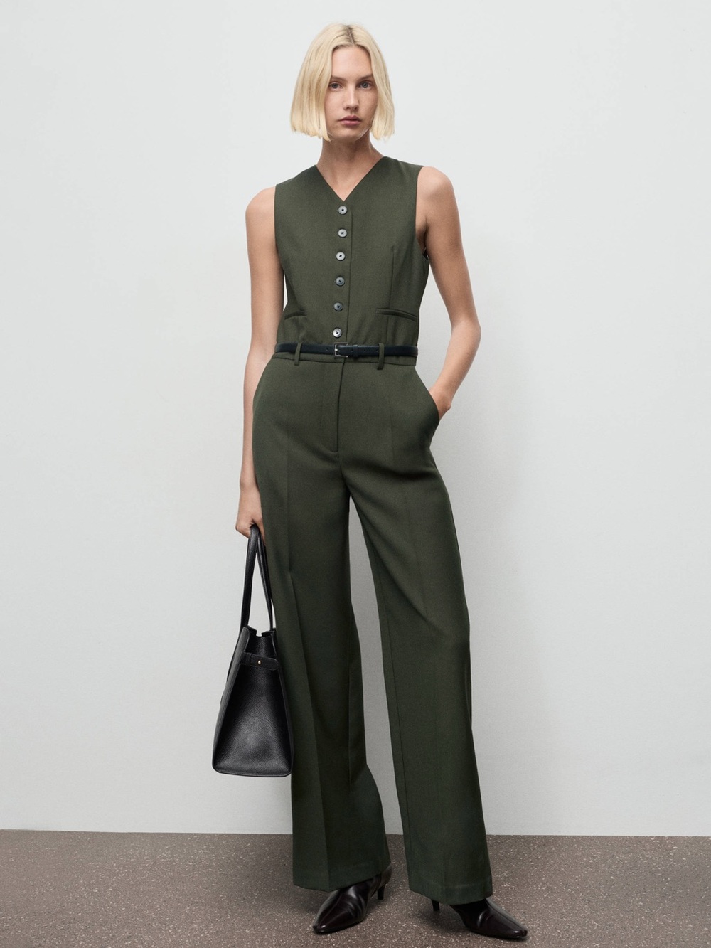 Sleeveless V-Neck Wide-Leg Jumpsuit in Olive Green